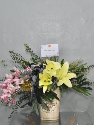 Lilies and Cymbidium Orchids Ikebana Arrangement